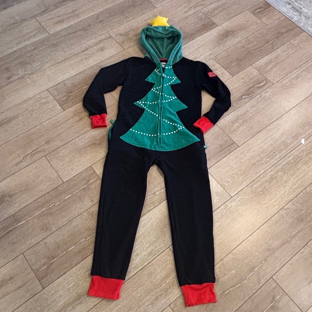 Tipsy Elves Christmas Tree Fleece Jumpsuit Hooded Pajamas Black Green Small